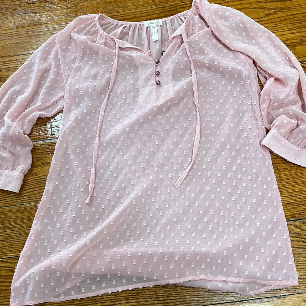 Matilda Jane pink sheer dot Swiss peasant blouse. Size XS. Excellent condition.